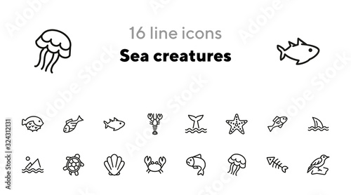 Sea creatures line icon set. Set of line icons on white background. Maritime concept. Shell, turtle, fish, whale. Vector illustration can be used for topics like sea, ocean