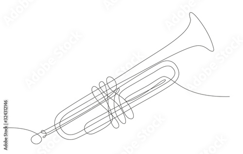 Illustrazione a linea continua di una tromba, isolata su sfondo bianco. Serie strumenti musicali photo