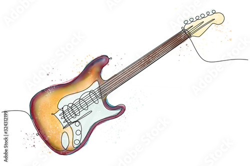 Disegno a linea continua di chitarra elettrica colorata con tecnica ad acquarello. Serie strumenti musicali photo
