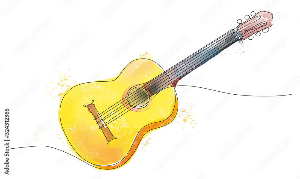 disegno a singola linea continua di chitarra classica colorata con tecnica ad acquarello - obrazy, fototapety, plakaty 