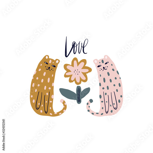 Cute leopards cats, scheetah vector print, nursery illustration in scandinavian style, animals isolated decor