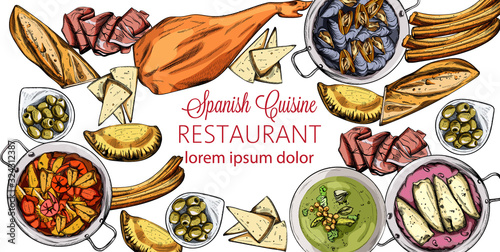 Vector set of spanish national food. Mussels, jamon bone, baguette, cheese, calzone, seafood soup, green beans or spinach puree. Line art style. Spanish cuisine