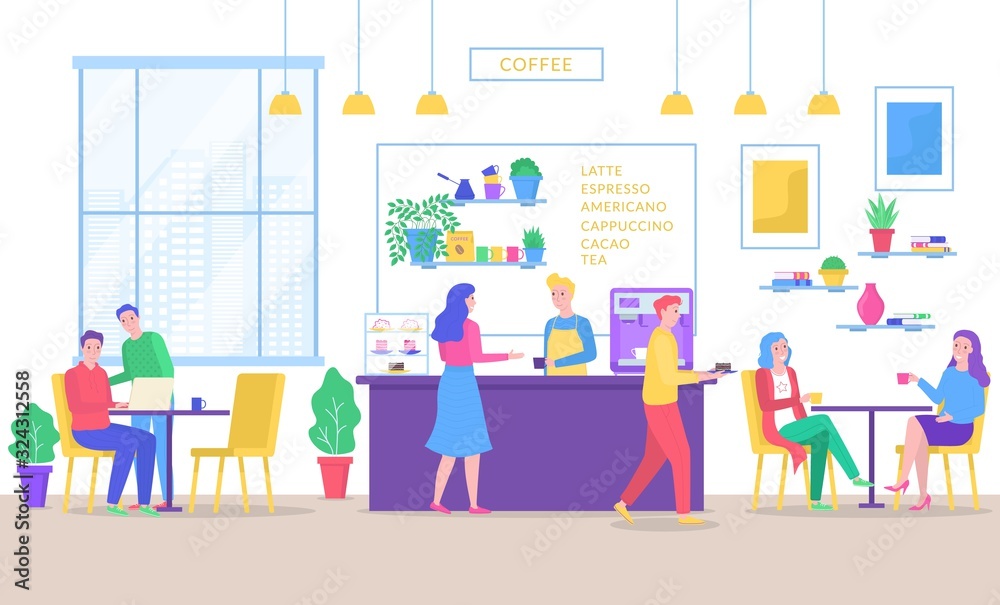 Coffeehouse bar people drink coffee in cafe, man and woman sitting at tables, barista standing at counter of coffeeshop vector illustration. Coffee-house bar interior for lunch and cup of hot drink.