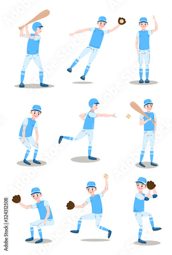 Set of boys playing baseball with bat, ball vector illustration