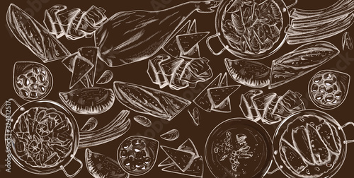 Vector set of spanish national food. Mussels, jamon bone, baguette, cheese, calzone, seafood soup, green beans or spinach puree. Line art sketch style. Dark brown background. Spanish cuisine