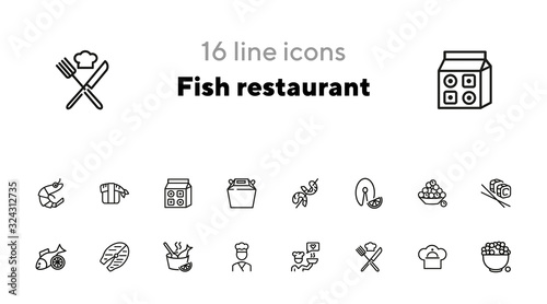 Fish restaurant line icon set. Fish, rice, shrimp. Food concept. Vector illustration can be used for topics like food product, supermarket, restaurant