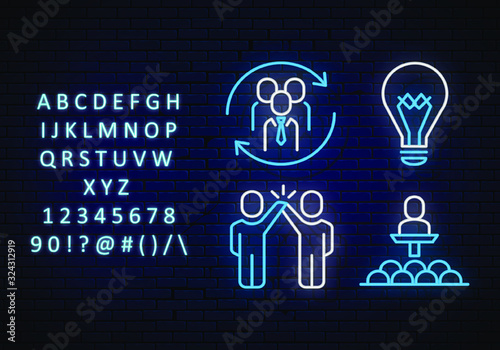 Set of speaking to a crowd, three people in a round frame of two arrows.  two neon people, lightbulb
