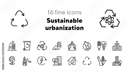 Sustainable urbanization line icon set. Facility, town, power. City concept. Can be used for topics like environment, resource, ecology