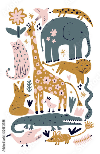 Vector illustration of cute wild safari African animals. Including leopard, lion, giraffe, fox, birds, snake, salamander lizard and more. Funny cartoon doodle characters in scandinavian style. Kids nu