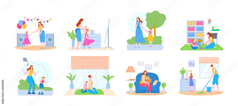 Happy mother and daughter spending time together playing and enjoying good quality mommy time vector illustrations set collection. Mothers with cute daughters relationship,love activity and lifestyle. Happy mother and daughter spending time together playing and enjoying good quality mommy time vector illustrations set collection. Mothers with cute daughters relationship,love activity and lifestyle.