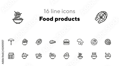 Food products line icon set. Set of line icons on white background. Food concept. Chicken, pizza, mushroom. Vector illustration can be used for topics like supermarket, cooking