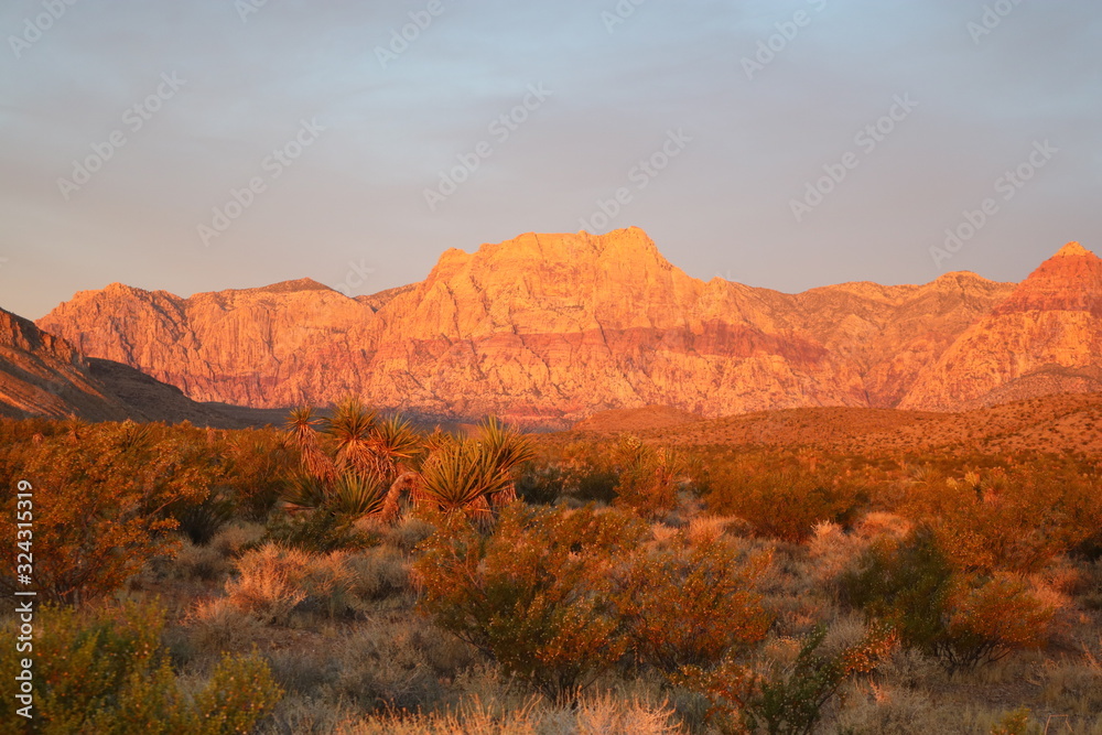 Plakat rock formation in the warm light of sunrise in the red rock Canyon