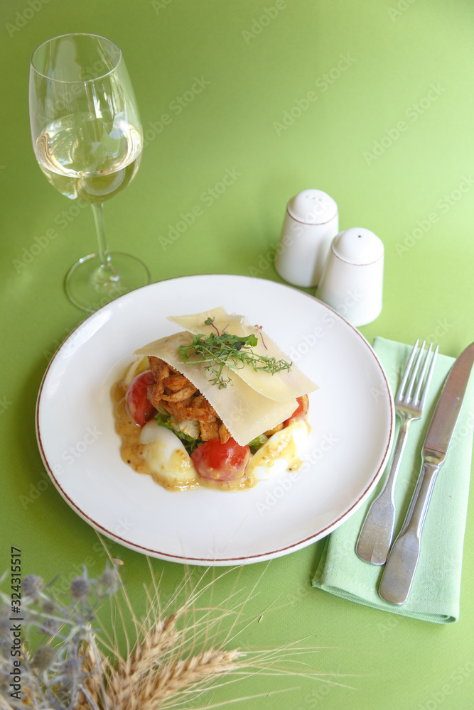 Gourmet meat meals assortment flat lay. Top view on restaurant table with menu of tasty grilled snacks. Concept for restaurant menu.