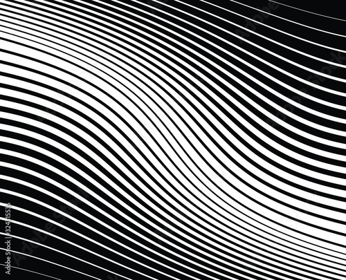 Abstract background with optical illusion wave. Black and white horizontal lines with wavy distortion effect for prints, web pages, template, posters, monochrome backgrounds and pattern