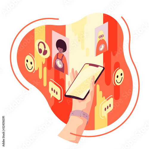 Hand with mobile phone with mobile app opened on it. Conceptual  illustration of people communicating on social media and messengers.