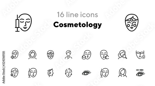 Cosmetology line icon set. Botox injection, solarium, mascara. Beauty concept. Can be used for topics like dermatology, skin care, aesthetics photo