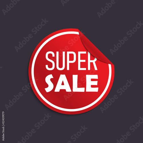 Vector illustrator round promotion blank with SUPER SALE text. Design, sale, discount, advertising, marketing price tag. Clothes, furnishings, cars, food sale.