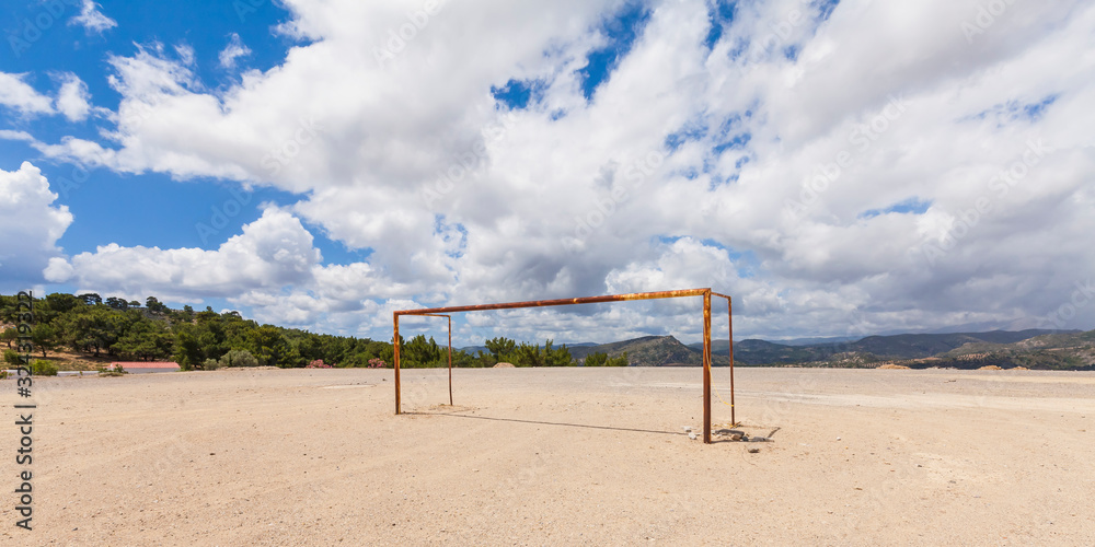 Greece, Dodecanese, Rhodes, soccer field and soccer goal Greece, Dodecanese, Rhodes, soccer field and soccer goal