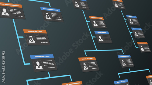 company organization chart with employee badges (3d render)