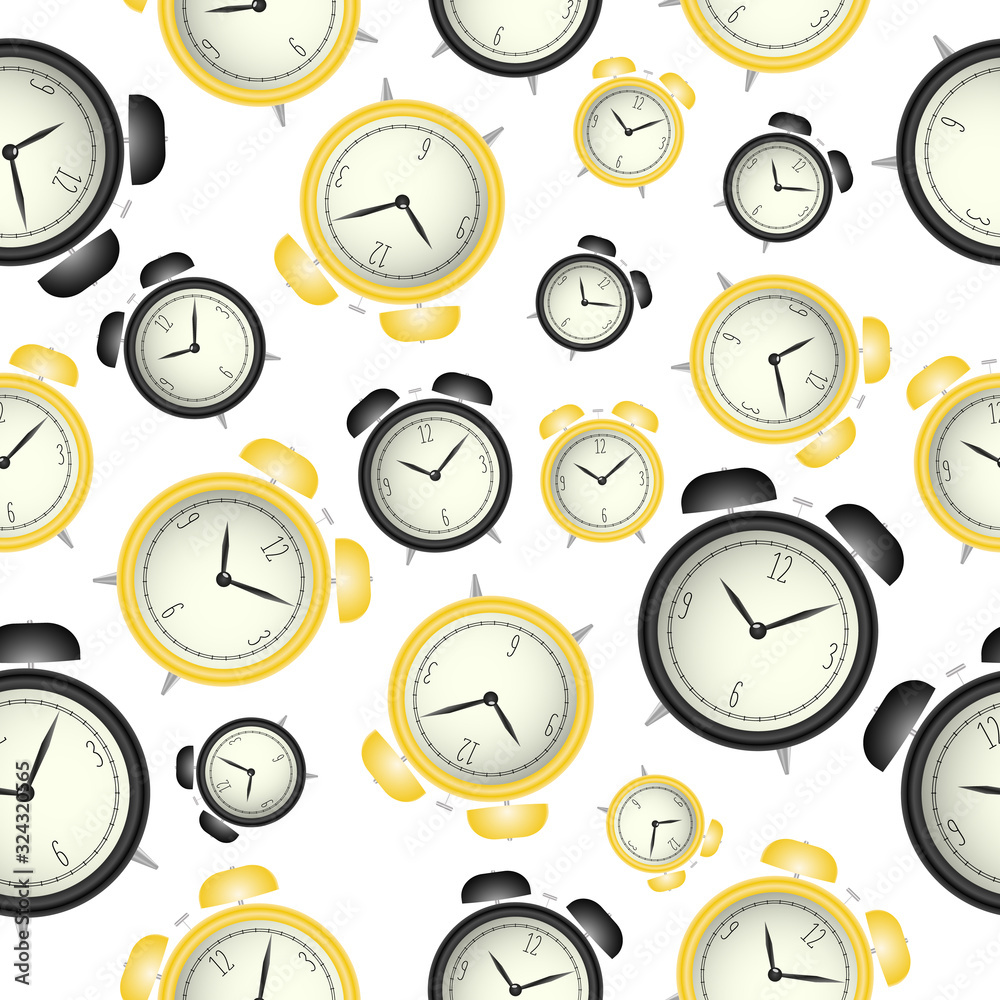 Seamless pattern of old watches. Old alarm clock in black and yellow. Endless background. Seamless pattern of old watches. Old alarm clock in black and yellow. Endless background.