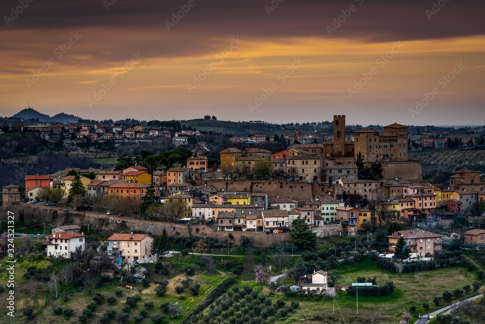 Panorama of the medieval village of Longiano in the Emilia Romagna hills near Cesena in Italy, Europe.