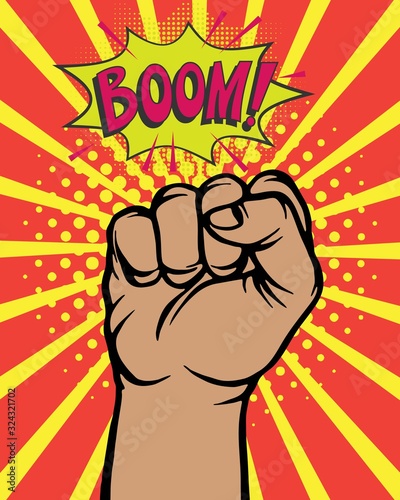 Pop art comic poster with boom clenched hand fist power human hit vector illustration. Fist makes strike and boom in explosion bubble on retro pop art stripped agressive red and yellow background.