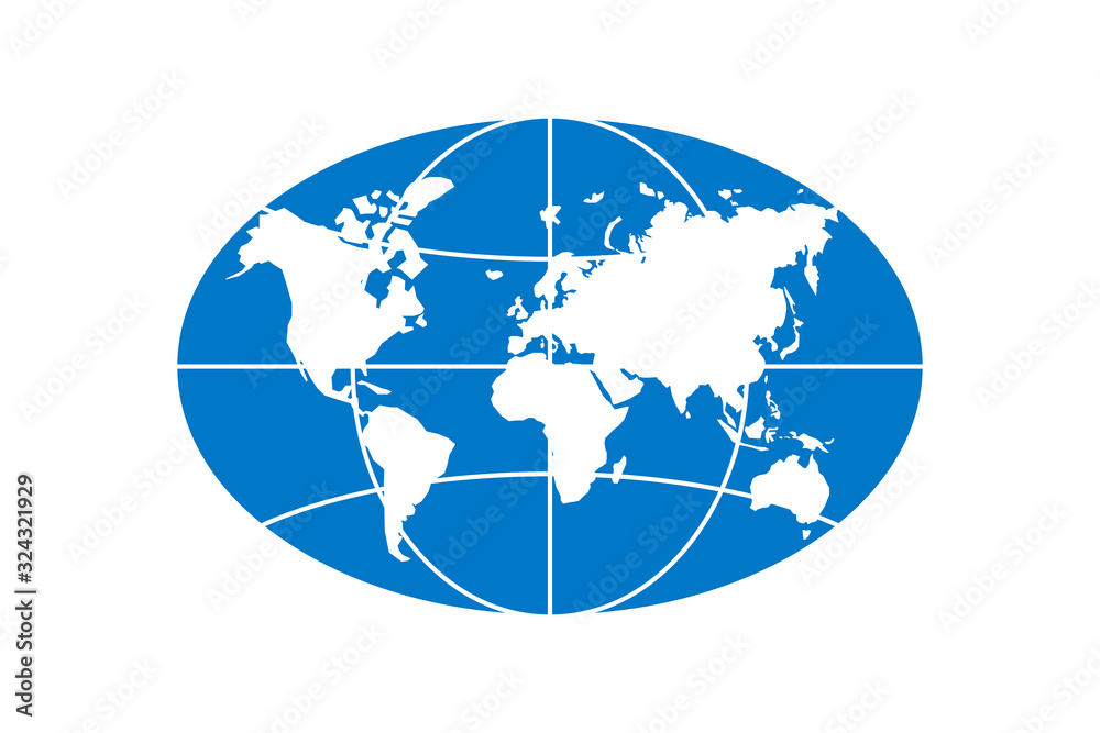 Fototapeta premium World planet map elongated circle blue icon. Globe earth continents vector oval isolated symbol