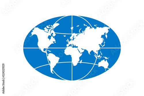 World planet map elongated circle blue icon. Globe earth continents vector oval isolated symbol