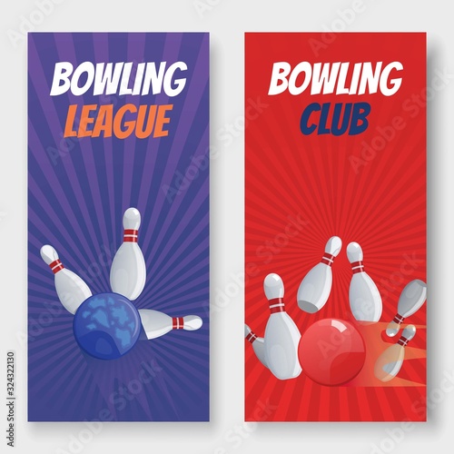 Bowling club and league vector illustration banners set. Balls crashing into the white glossy skittles. Sport bowling theme banners with typography. Bowling game club advertisement.