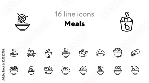 Meals line icon set. Bowl, chicken, Chinese noodle. Food concept. Can be used for topics like cooking, restaurant, dinner