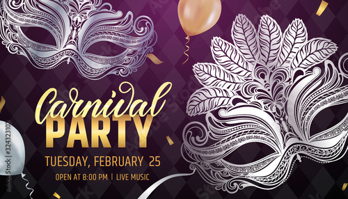 Beautiful venetian mask. Mardi Gras Carnival Party invitation card template. Spring holidays. Vector illustration EPS10.