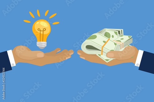 Exchange light bulb idea and dollars banknotes money, vector cartoon illustration. Business idea concept for money investment into intelectual ideas projects. Money vs ideas poster.