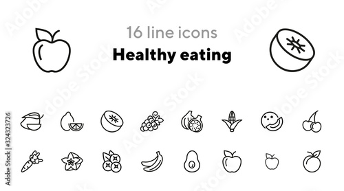 Healthy eating line icon set. Set of line icon on white background. Grocery concept. Apple, avocado, banana. Vector illustration can be used for topics like diet, fitness, grocery store