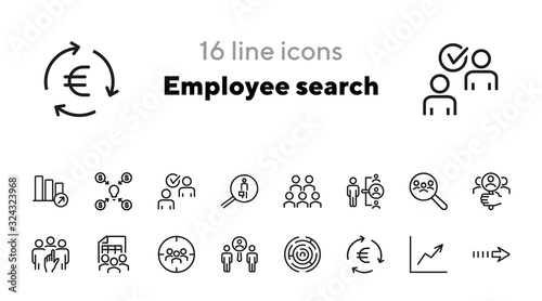 Employee search icons. Set of line icons. HR, idea funding, increasing graph. Headhunting concept. Vector illustration can be used for topics like business, recruitment, employment
