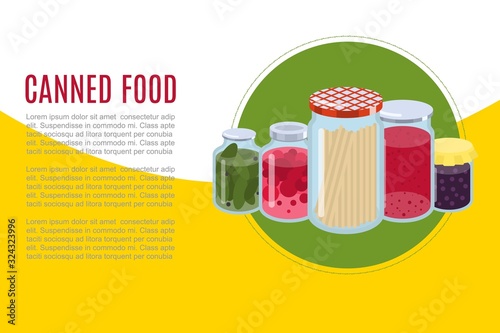 Canned food goods vector illusration banner. Package of various goods canned food glass jars for grocery store and product storage. Canned conserved jams, tomatoes and cucambers.