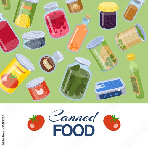 Canned food goods pattern on green background vector illusration poster. Package of various goods tins of canned food and glass jars for grocery store. Canned conserved fruits, meat and vegetables.