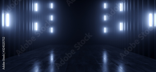 Dark Studio Warehouse Laser Led Glowing Studio Lights Stage Concert Showroom Podium Virtual Night Blue Cyber Alien Spaceship 3D Rendering © IM_VISUALS