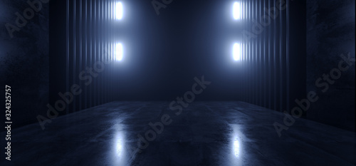Fototapeta Naklejka Na Ścianę i Meble -  Dark Studio Warehouse Laser Led Glowing Studio Lights Stage Concert Showroom Podium Virtual Night Blue Cyber Alien Spaceship 3D Rendering