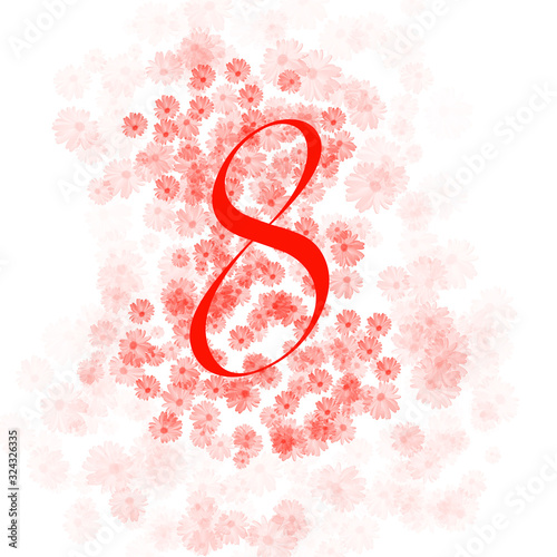 March 8 greeting card for Women Day. Red eight on a white background with red small flowers and a bokeh effect.