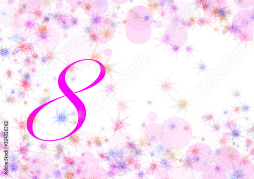 March 8 greeting card for Women Day. Purple eight on a white background with colorful small flowers and a bokeh effect.