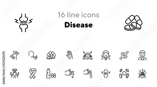 Disease line icon set. Set of line icons on white background. Health care concept. Band, bone break, pain. Vector illustration can be used for topics like medicine, drugs, hospital