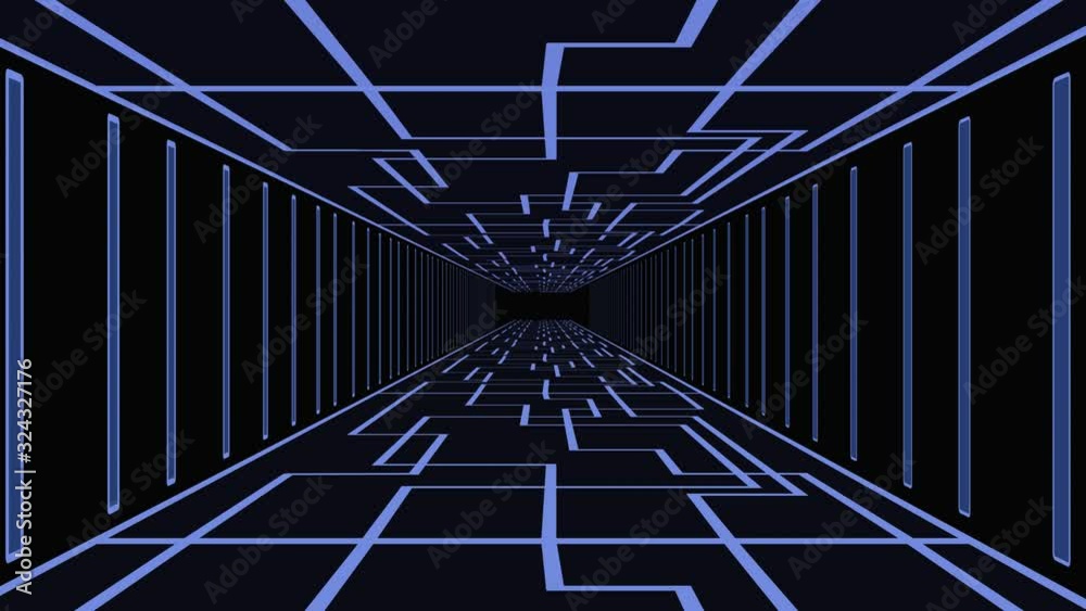3d loopable animation of futuristic hall. Blue lines moving into deepness. Background, animated image.
