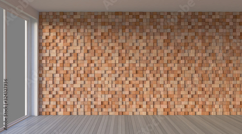 3Ds interior-Living room with cubic wooden wall