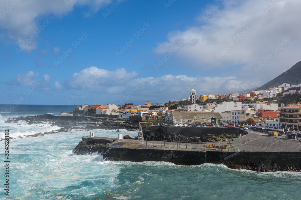 the sea is storming. beautiful panoramic view of a cozy Garachico town, Tenerife, Canary Islands, Spain