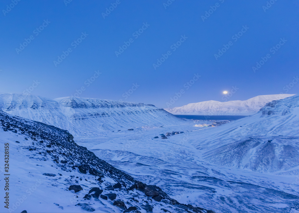  norway landscape ice nature of the city view of Spitsbergen Longyearbyen  Plateau Mountain Svalbard   arctic ocean winter  polar night view from above