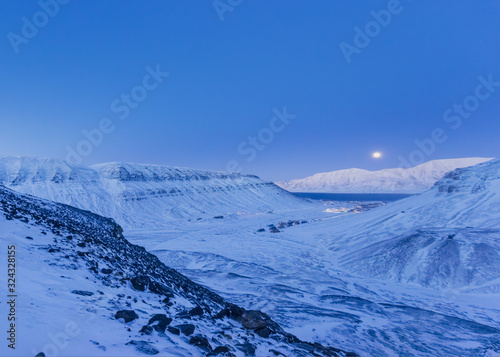  norway landscape ice nature of the city view of Spitsbergen Longyearbyen  Plateau Mountain Svalbard   arctic ocean winter  polar night view from above © bublik_polina