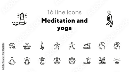 Meditation and yoga line icon set. Health, wellness, leisure. Buddhism concept. Can be used for topics like spirituality, peace, relaxation
