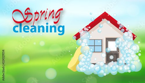 Spring cleaning house background nature. Services cleaning. Poster or banner with soap bubbles and home. Vector