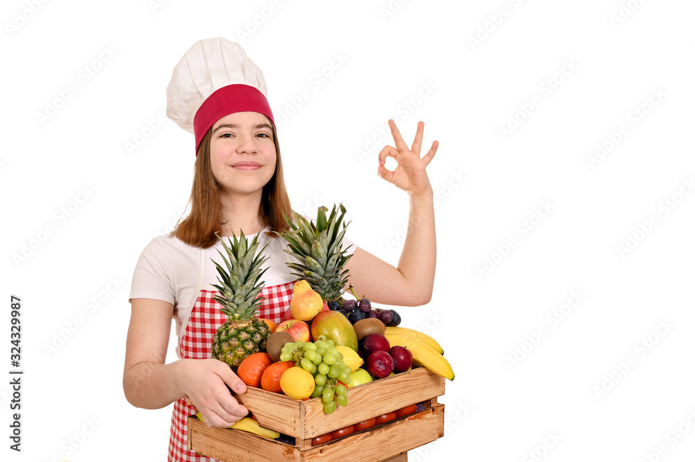 female cook with fruits in wooden crate and ok hand sign female cook with fruits in wooden crate and ok hand sign