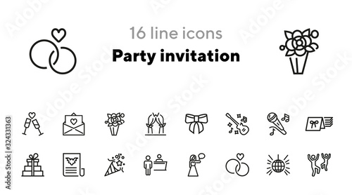 Party invitation line icon set. Card, fire cracker, flower bouquet, girts. Holiday concept. Can be used for topics like celebration, wedding, engagement